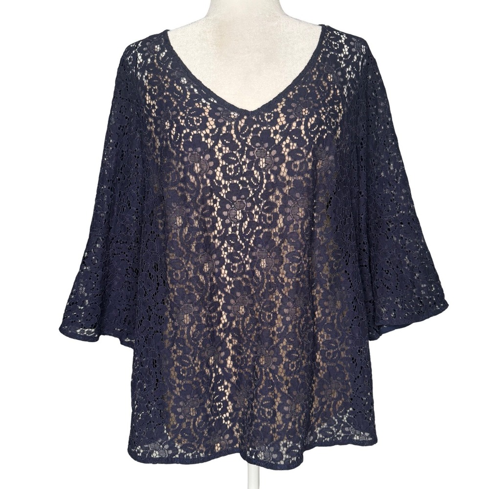 Rose + Olive Size 1X Cotton Lace Overlay Blouse Navy Blue Nude Cami Bell Sleeve